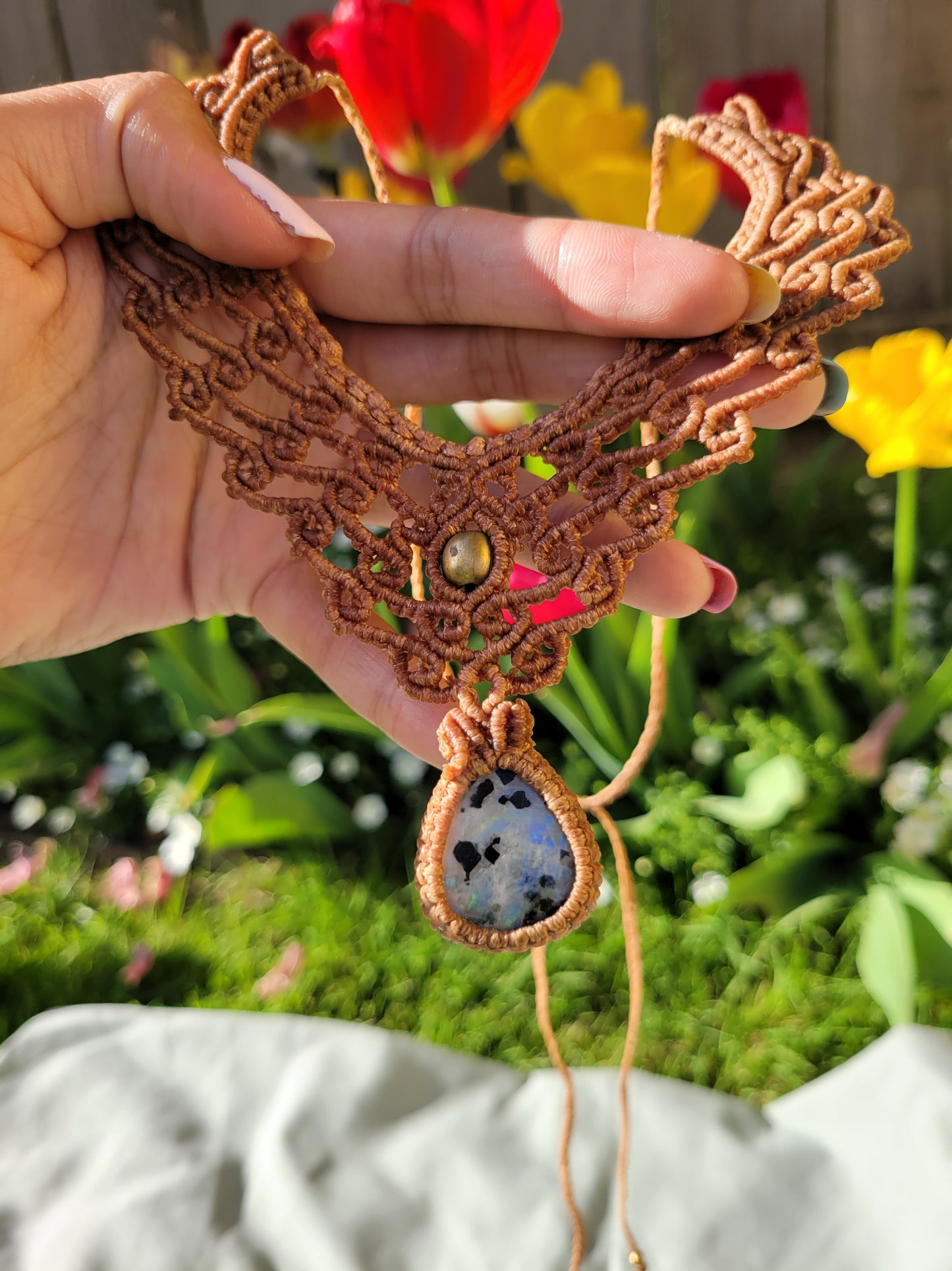 Handmade Macrame Blue Flash Moonstone Necklace