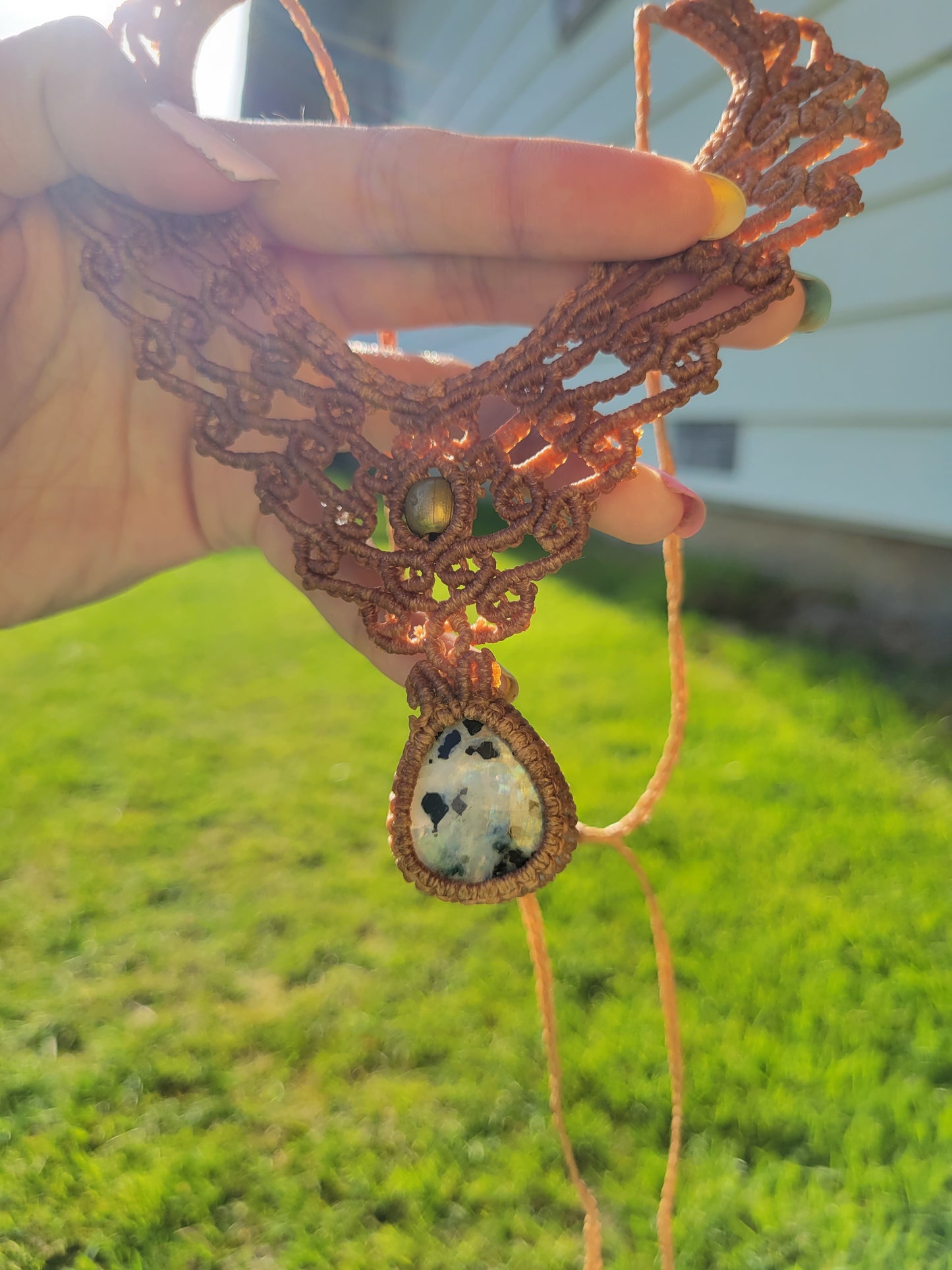 Handmade Macrame Blue Flash Moonstone Necklace