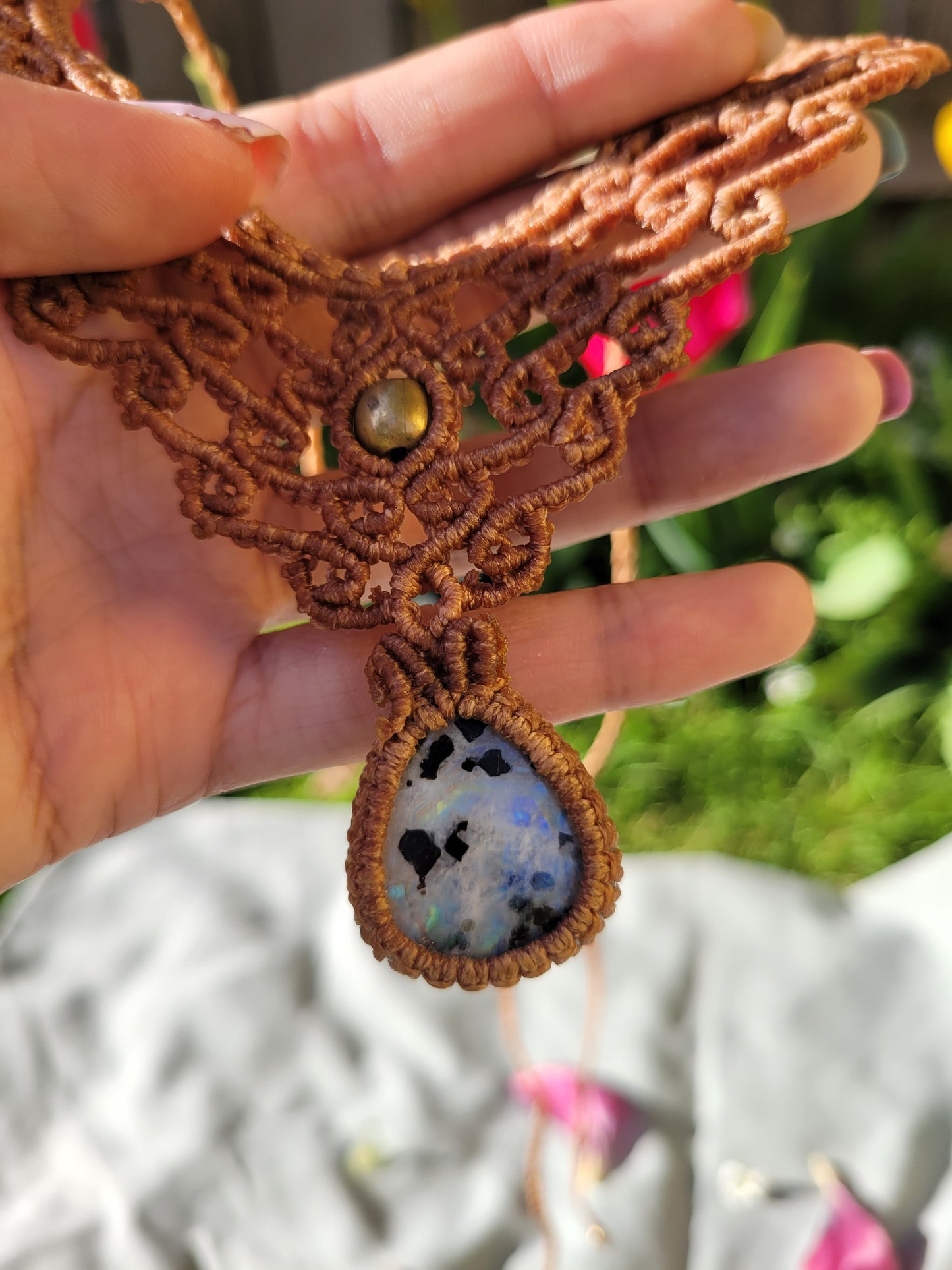 Handmade Macrame Blue Flash Moonstone Necklace